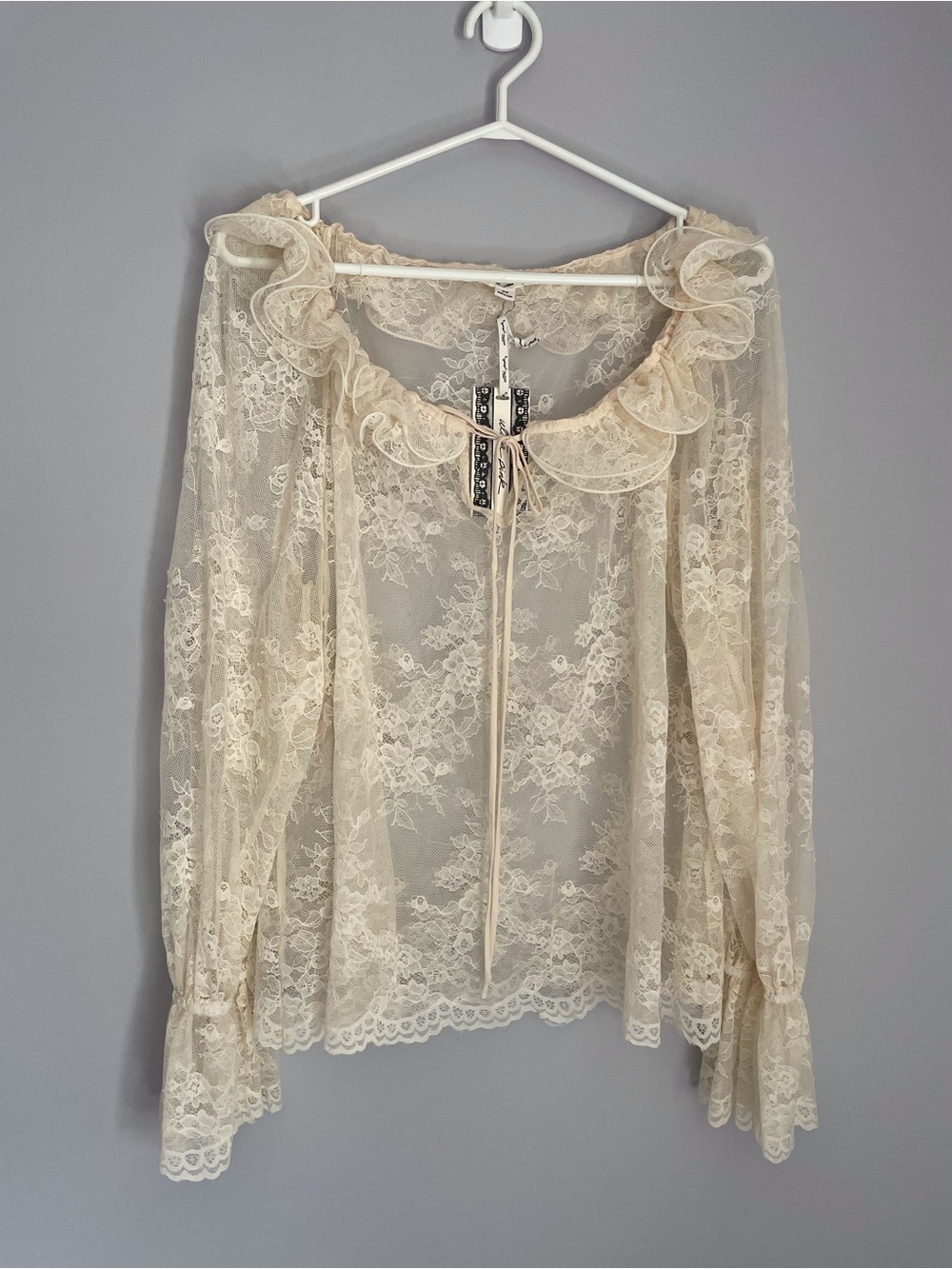 Ultra Pink Sheer Lace Ruffle-Neck Blouse - Cream